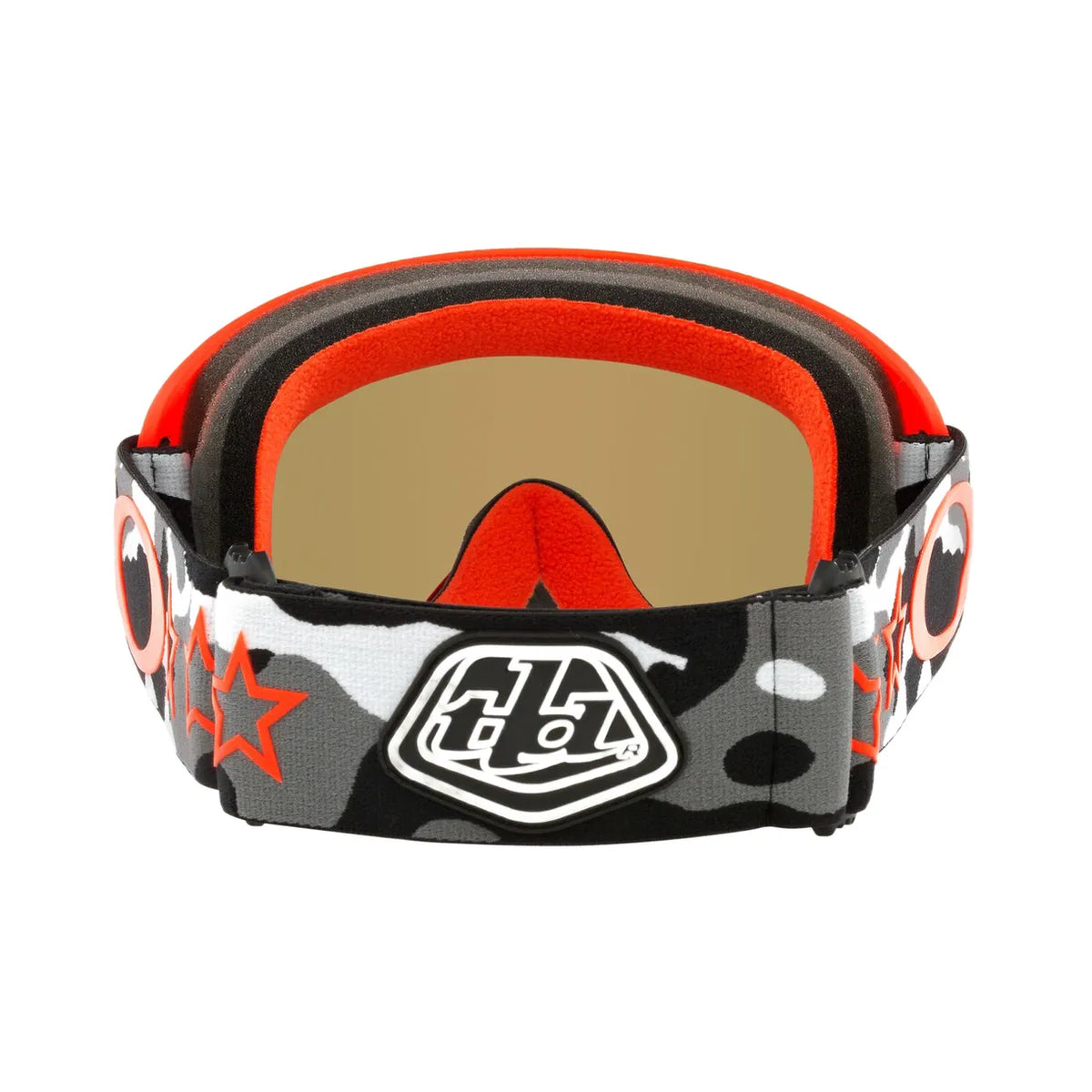 Baksida av Oakley O Frame 2.0 Pro TLD Black Camo motorcykelglasögon med röd vaddering och kamouflagemönstrad rem med Troy Lee Designs-logotyp.