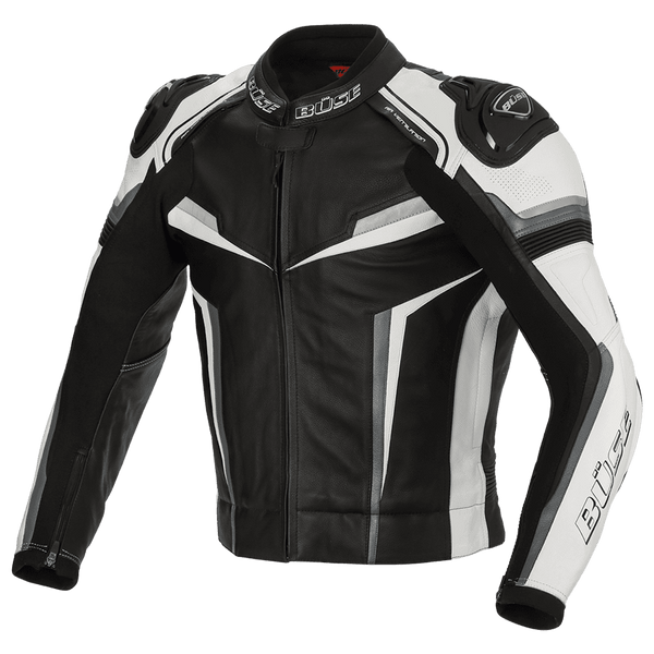 Buse MC-skinnjacka Mille i svart och vitt med sportig design, axelskydd och elastiska insatser. Perfekt för motorcykelåkning.