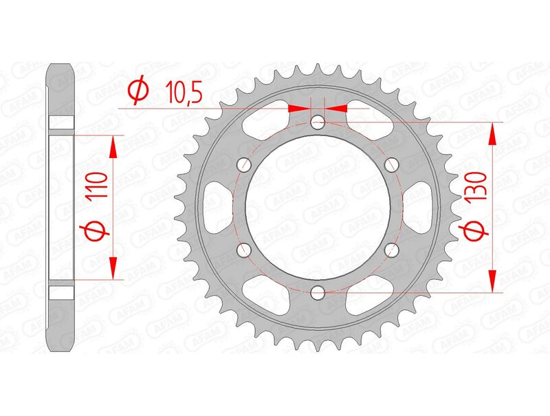 AFAM Steel Standard bakdrev 16502 - 530, kompatibelt med Kawasaki GPX 600 R och GPZ 600 R. Teknisk ritning med mått för exakt montering.