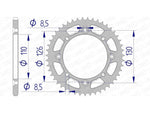 Teknisk ritning av AFAM Aluminium Rear Sprocket 17107420, kompatibelt med Kawasaki KX 60 och KX 65 samt Suzuki RM 65, visar exakta dimensioner.