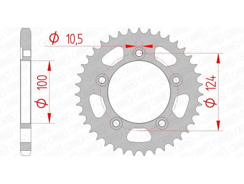 AFAM Steel Standard bakdrev 50612 - 525 för Ducati motorcyklar. Hållbart ståldrev med 124 mm bultcirkel och 10,5 mm håldiameter.