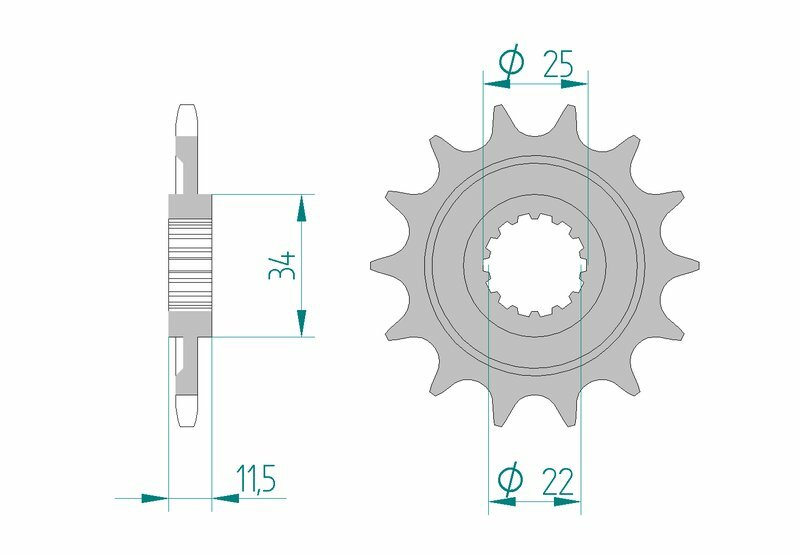 AFAM Steel Standard Front Sprocket 43400 - 520 i stål med 11,5 mm tjocklek och 34 mm total höjd. Passar Sherco SE 4.5i-F 450 och liknande modeller.