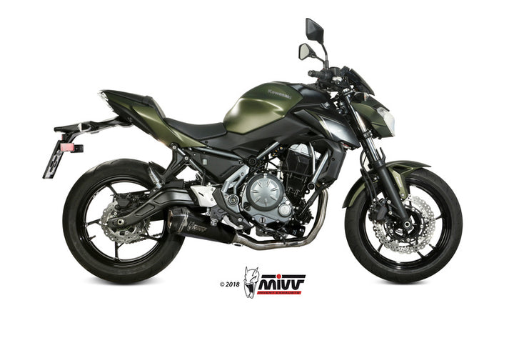 Sidovy av Kawasaki Z650 utrustad med MIVV Delta Race Full Exhaust System 00.73.K.044.LDRB, optimerad för kraft och stil.