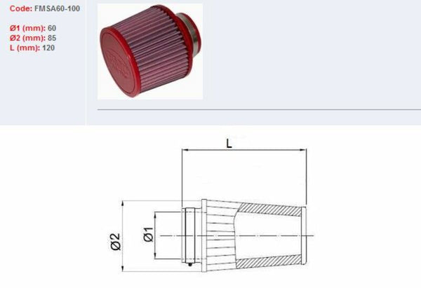 Filtro de ar BMC cônico Ø60mm-fmsa60-100 fmsa60-100