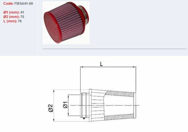 Filtro de ar BMC cônico Ø41mm-fmsA41-60 FMSA41-60