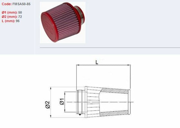 Filtro de ar BMC cônico Ø50mm-FMSA50-85 FMSA50-85