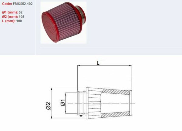 Filtro de ar BMC cônico Ø52mm-SS52-102 FMS52-102