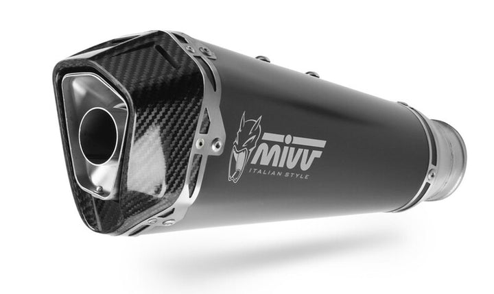 MIVV Delta Race Silencer Steel Black/Carbon T.019.LDRB med kolfiberfinish, designad för Triumph Street Triple R/S/RS. Sportigt avgassystem i premiumkvalitet.