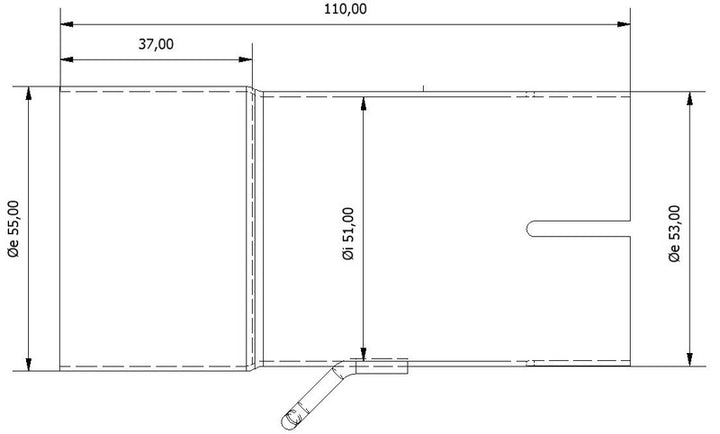 Teknisk ritning av MIVV Inlet Pipe 55 > 51 mm 00.73.KU.00006 med exakta mått för fordonstillbehör och reservdelar.