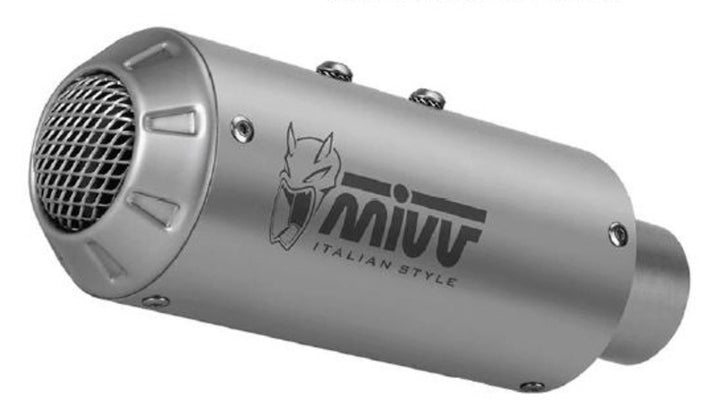 MIVV MK3 Universal Muffler Stainless Steel - Right Side 00.73.KU.001.SM3X med borstad finish och MIVV-logotyp, perfekt för motorcykeltillbehör.