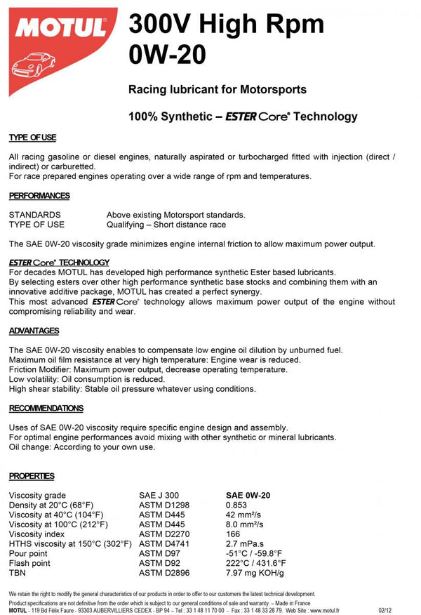 MOTUL 300V HIGH RPM 0W20 2L (10 PCS/FACTERD)