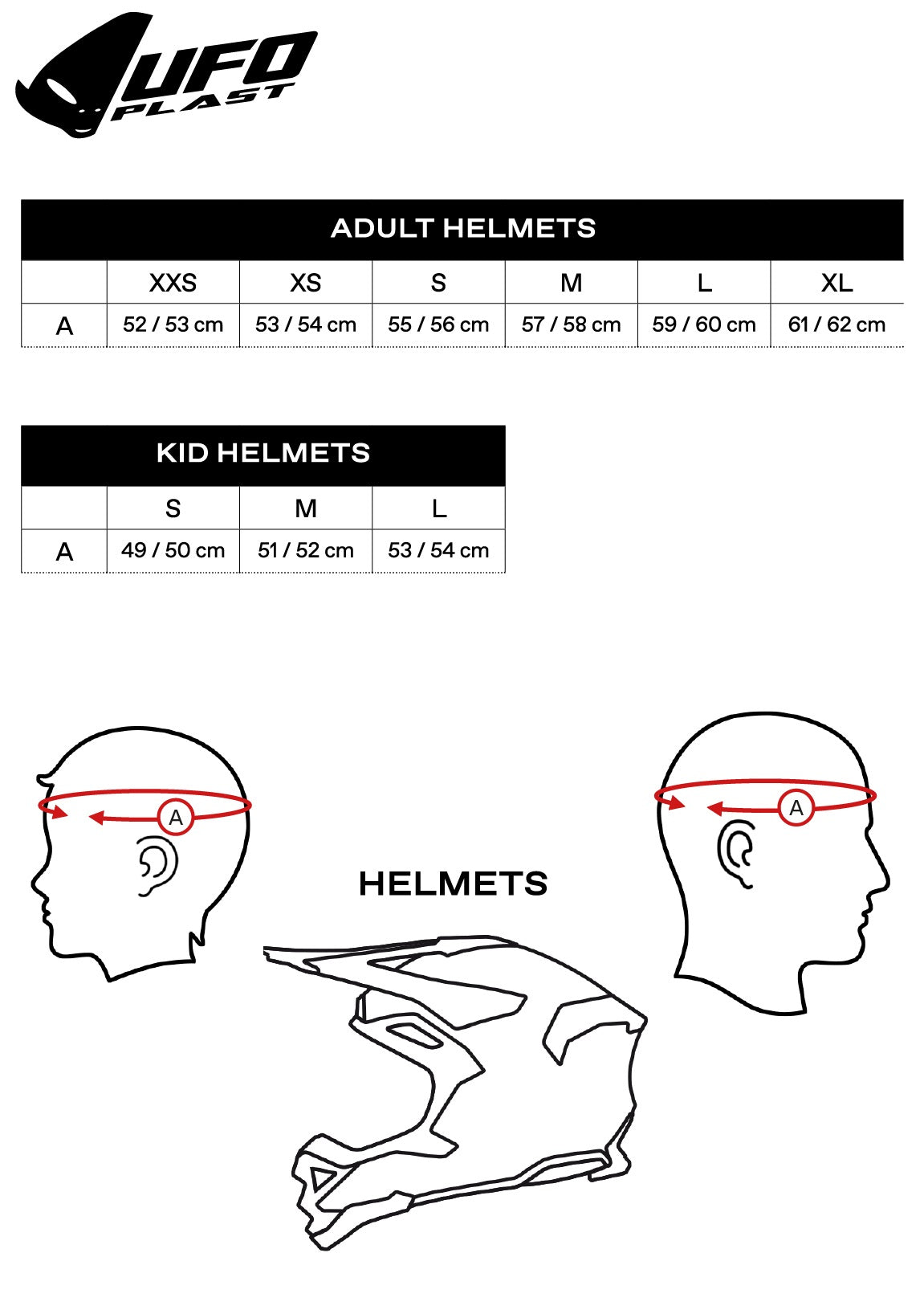 Storleksguide för UFO Jet Mc-Hjälm Sheratan Matt Svart med mått för vuxna och barn. Illustration visar korrekt huvudmätning.