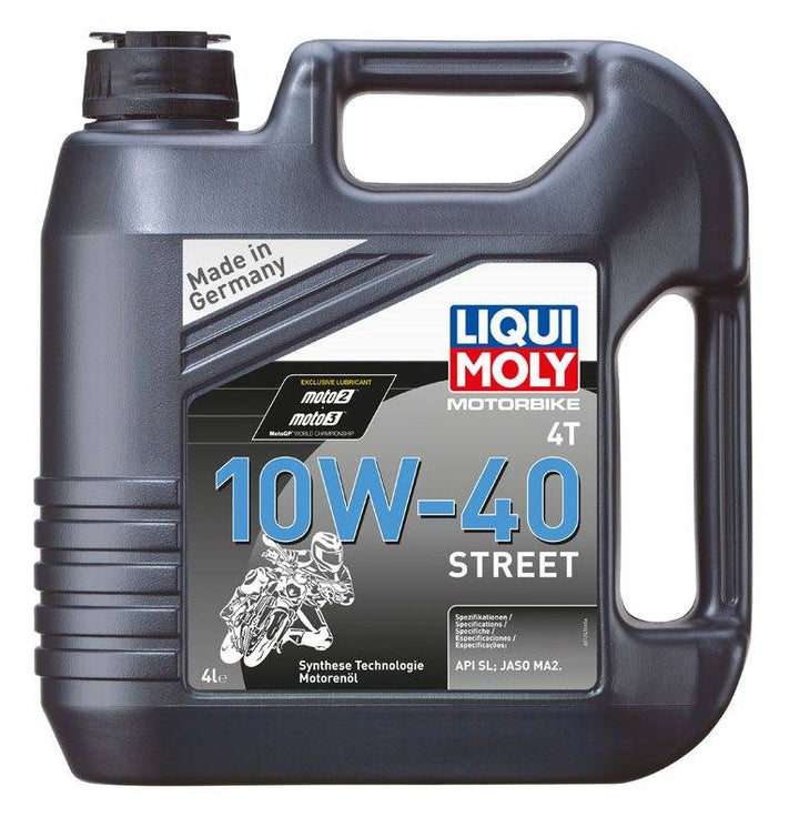 Liqui Moly Motorolja 4T 10W40 STREET 4L för motorcyklar, med syntetisk teknologi och API SL/JASO MA2-specifikationer. Perfekt för fordon under kategorin motorolja.