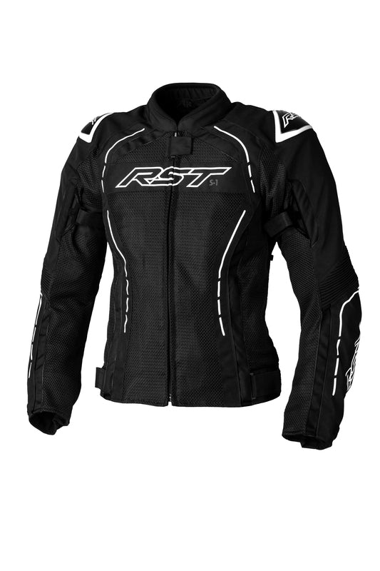 RST Dam Textil Mc-Jacka S-1 Mesh i svart och vitt med ventilerande meshpaneler, designad för motorcykelåkning. Framsida med RST-logotyp och justerbara detaljer för optimal passform.