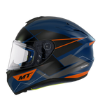 Sidovy av MT Helmets Integral Mc-Hjälm Targo Podium Azul med sportig blå och orange design, perfekt för motorcyklister.