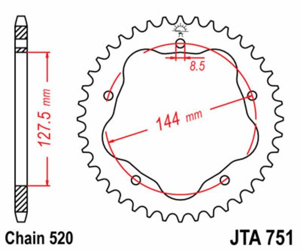 JT Sprock Sprock de aço padrão 751 - 520 - Requer um transportador de rodas traseira de JT Sprock JTR751.43