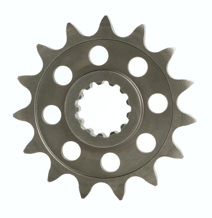 PBR Steel Standard Front Sprocket 416 - 428 416 13 18NC i stål med 13 tänder och cirkulära lättnadshål för motorcykelchassi.