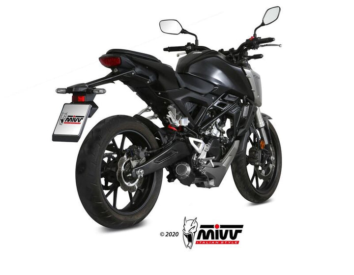 MIVV MK3 Full Exhaust System - Black H.076.SM3B monterat på sportig motorcykel, visad bakifrån. Perfekt reservdel inom fordonstillbehör.