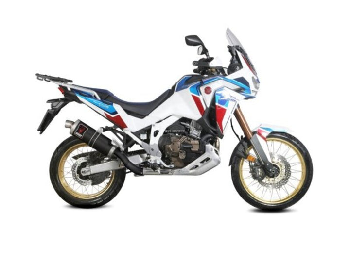 MIVV Dakar Silencer H.079.LEKB monterad på Honda CRF 1100L Africa Twin med sportig design och guldiga ekrade hjul. Perfekt för offroad och touring.
