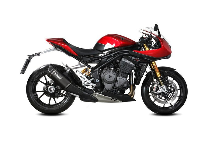 MIVV SR-1 Silencer T.025.LR1TB installerad på röd sporthoj, sidovy som visar dess eleganta design och prestandaförbättrande funktion.