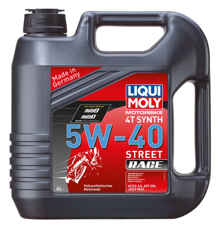 Liqui Moly Motorolja 4T SYNT 5W-40 RACE 4L med röd etikett och svart plastbehållare, idealisk för motorcyklar och högpresterande motorer.