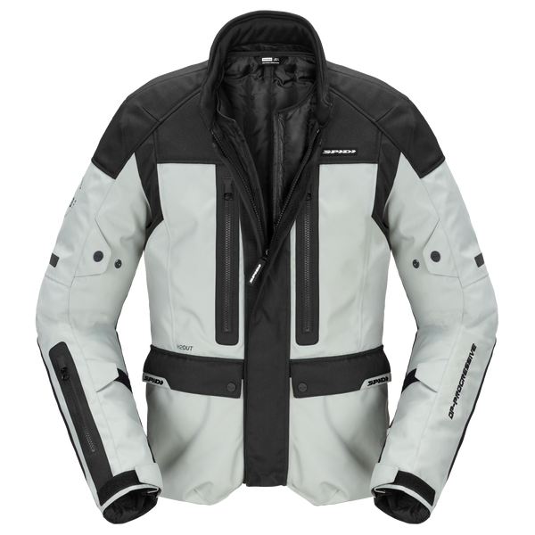 Spidi Textil Mc-Jacka Traveler 3 Grå med grå och svarta paneler, framifrån med dragkedjor och ventilationsöppningar. Perfekt för motorcykelåkning.