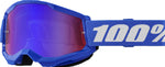 100% Goggles Strata 2 Blue med blå spegelglas och justerbart blått band. Perfekt för motocross och motorcykelskydd.