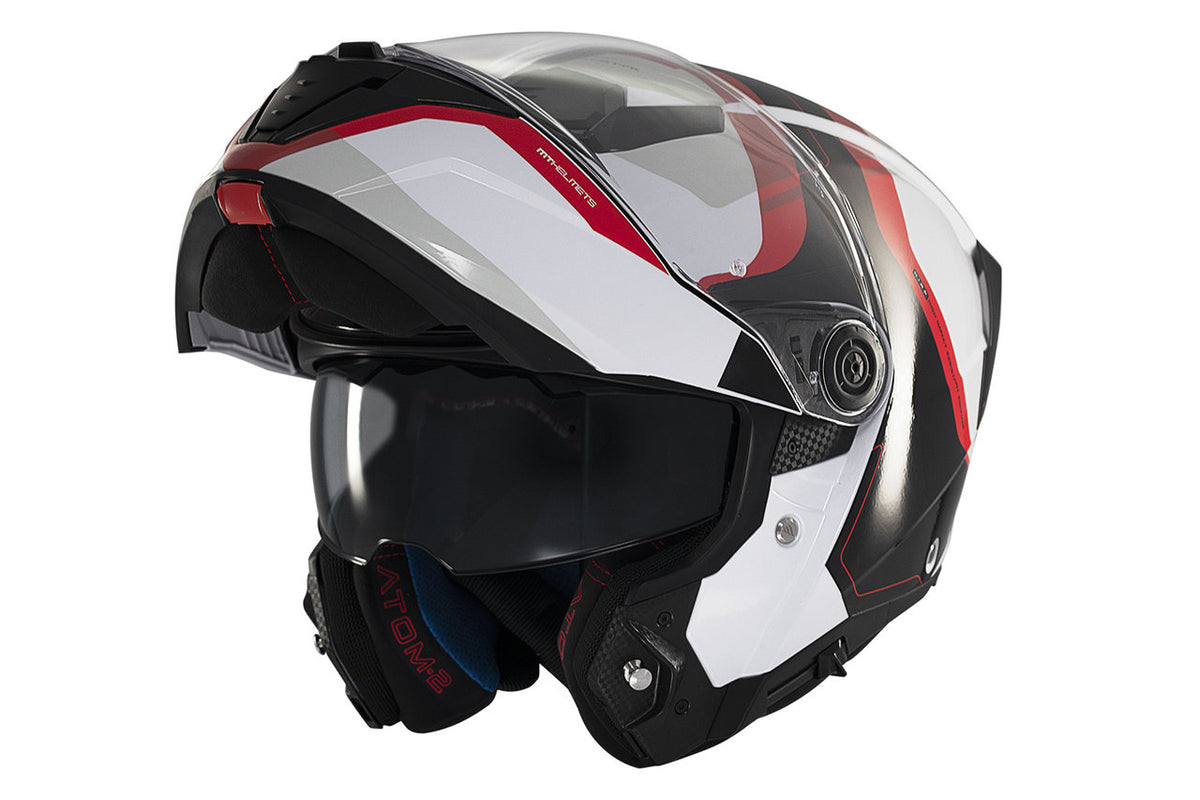 MT Helmets Atom 2 SV Emalla B0 öppningsbar mc-hjälm med uppfällbar front, tonat visir och aerodynamisk form för optimal säkerhet.