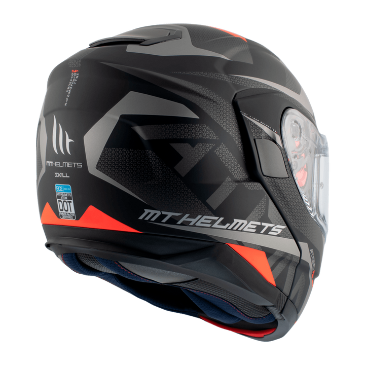 Baksidan av MT Helmets öppningsbar mc-hjälm Atom Matt Black med aerodynamisk form, DOT-certifiering och rödgrå accenter.