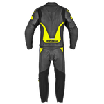 Spidi Mc-Skinnställ 2-delat Laser Touring i svart och fluorgul färg, bakifrån med ryggdetaljer och ergonomisk passform.