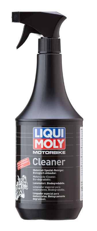 Liqui Moly Motorbike Cleaner 1L i svart sprayflaska, idealisk för motorcykelrengöring. Biologiskt nedbrytbar och effektiv för fordonstvätt.