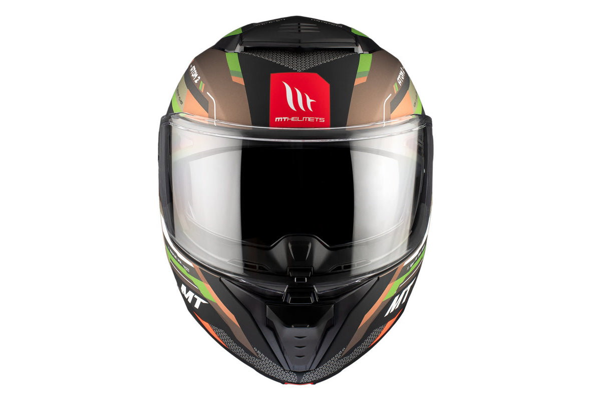 Frontal vy av MT Helmets öppningsbar mc-hjälm Atom 2 SV Blast A6 med aerodynamisk design och tydligt MT-logotyp.