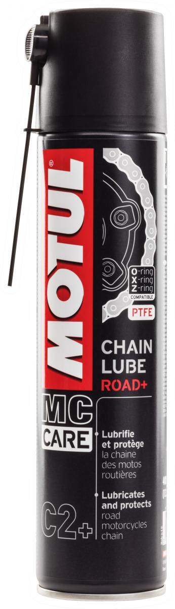 Motul Chainlube Road Plus 400 ml smörjmedel för motorcykelkedjor, optimerad för vägkörning med PTFE-teknologi. Perfekt för underhåll av kedjor.