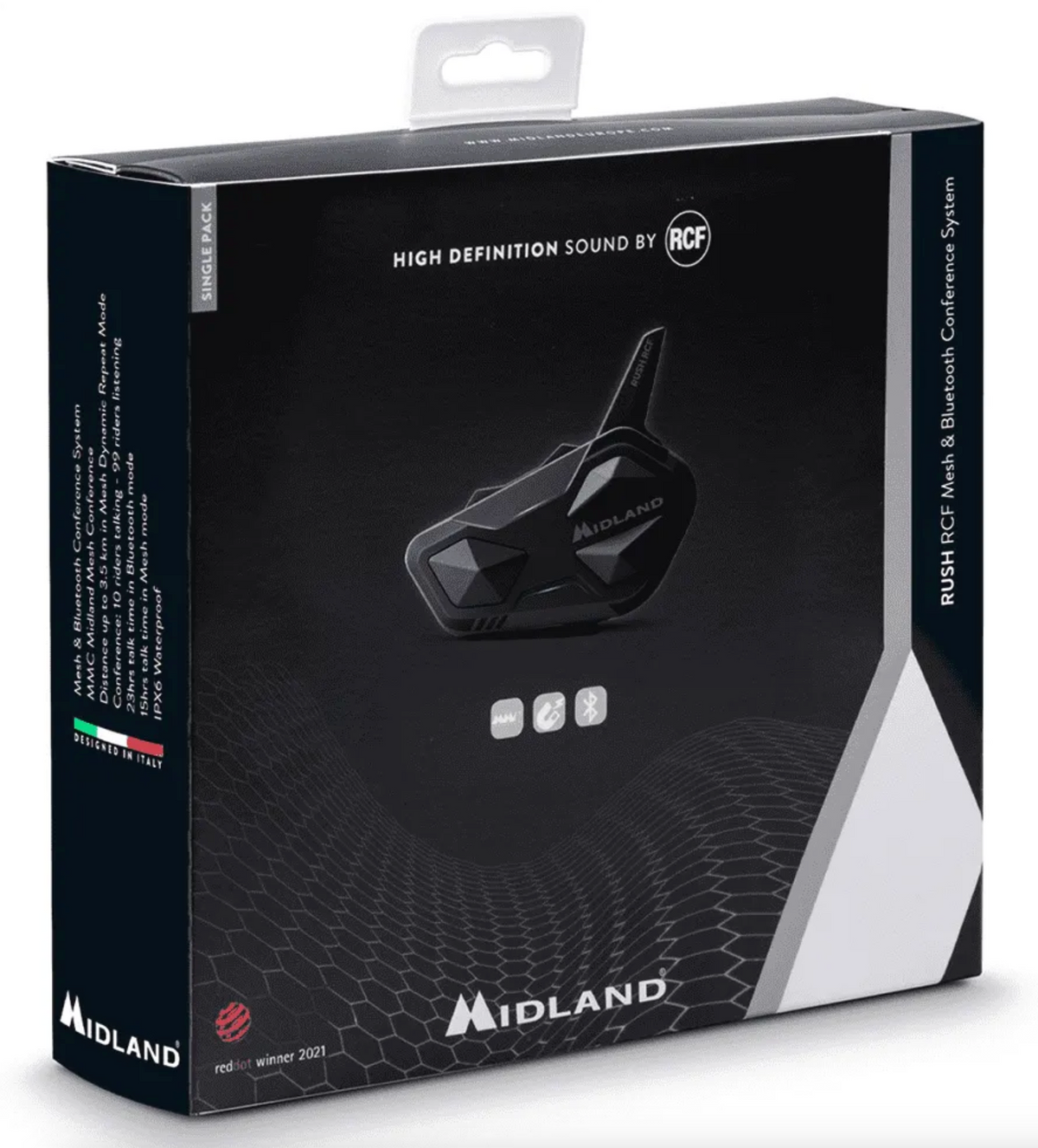 Förpackning av Midland Intercom BT Rush Single med högupplöst ljud från RCF, Bluetooth och Mesh-konferenssystem.