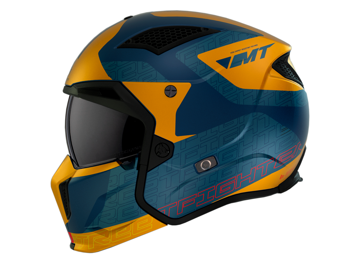 Sidovy av MT Helmets öppen MC-hjälm Streetfighter SV S Totem C3 i blått och gult, med ventilationssystem och sportig grafik.