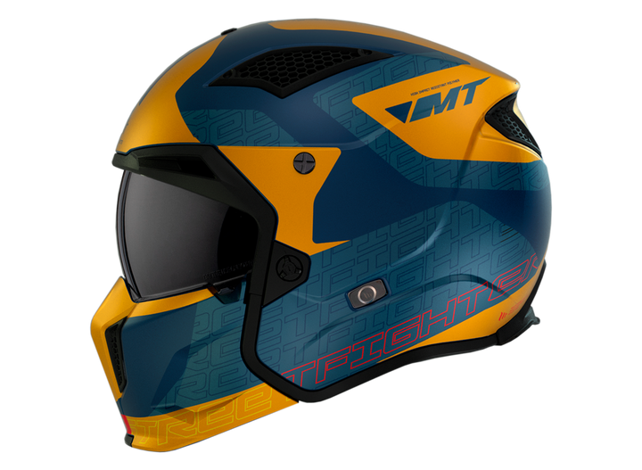 Sidovy av MT Helmets öppen MC-hjälm Streetfighter SV S Totem C3 i blått och gult, med ventilationssystem och sportig grafik.