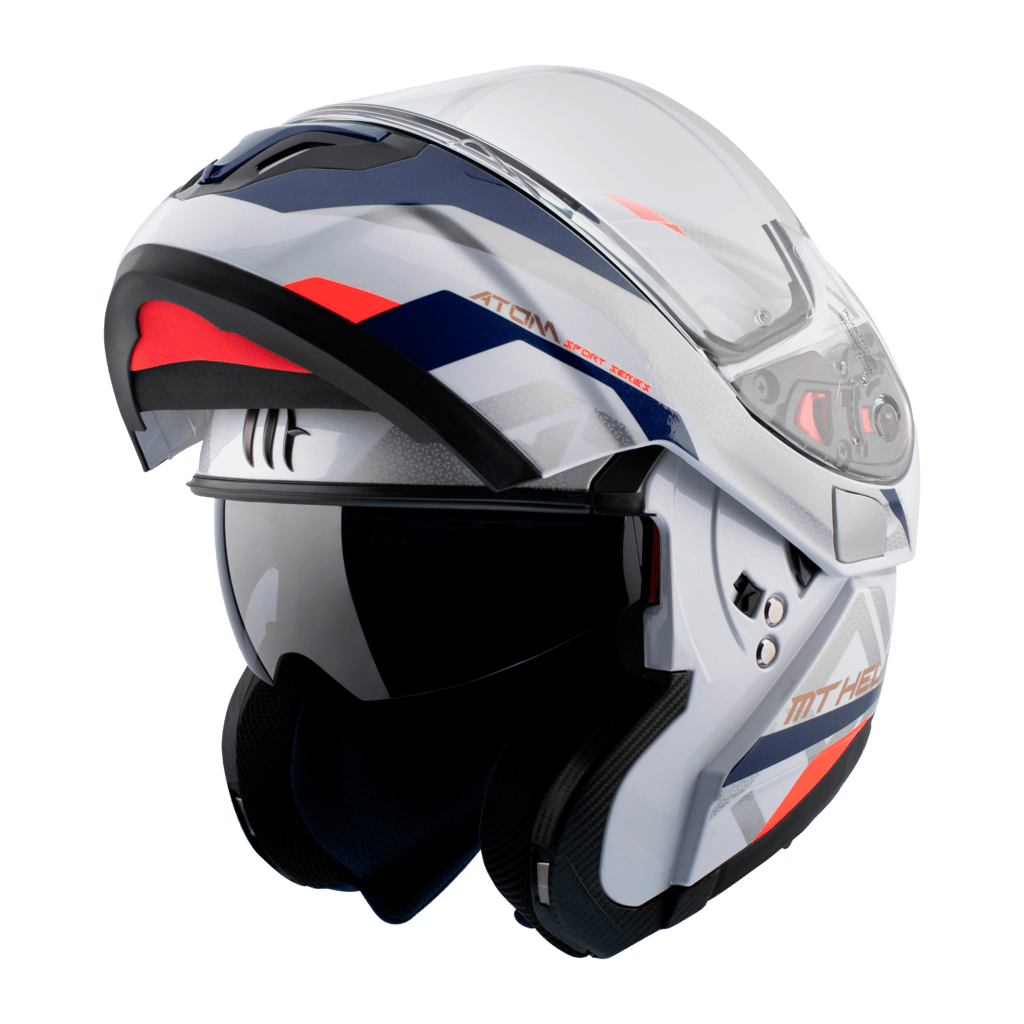 MT Helmets öppningsbar MC-hjälm Atom Pearl White med uppfällbart visir och inbyggt solskydd. Ergonomisk design för komfort och säkerhet.