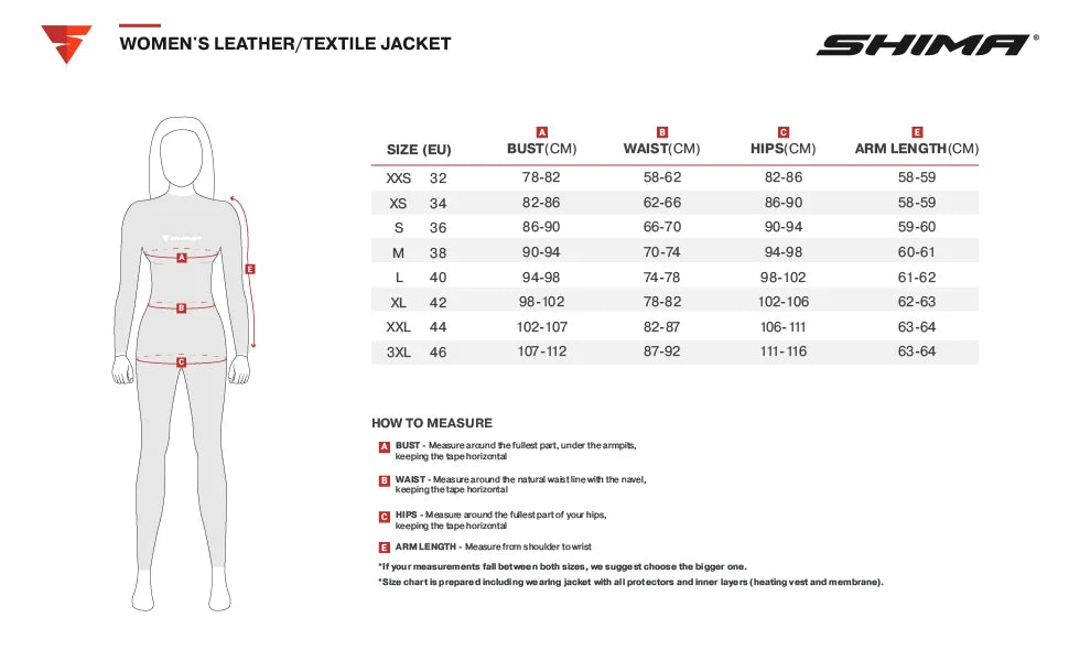 Storleksguide för Shima Dam Textil Mc-Jacka Rush 2.0 Vented Grå/Svart med mått för byst, midja, höfter och ärmlängd.