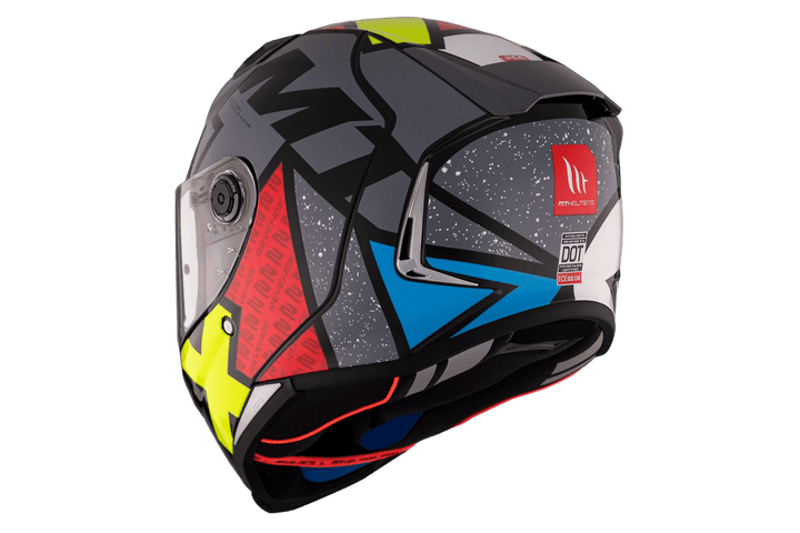 Baksida av MT Helmets Revenge 2 Hjälm med DOT-certifiering och detaljerad grafik för säkerhet och stil.