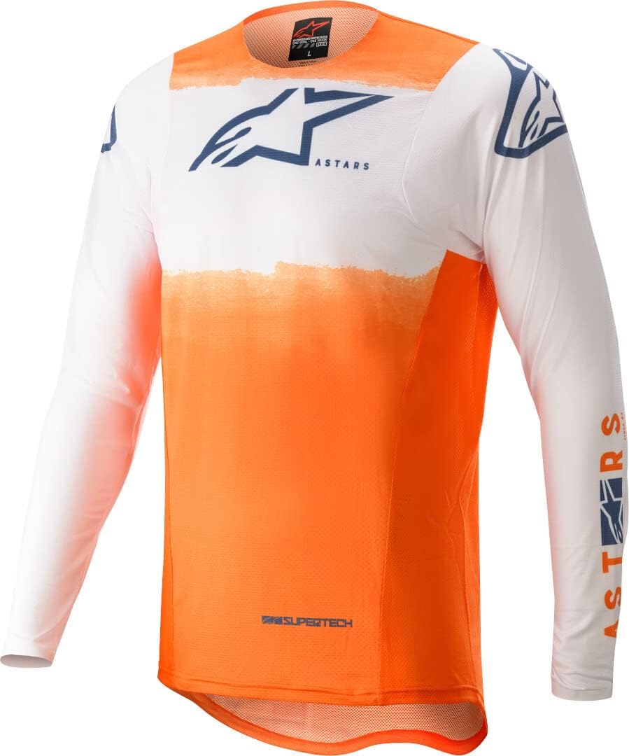 Alpinestars Crosströja Supertech Foster i orange och vitt med långärmad design och logotypdetaljer för motocrossåkning.