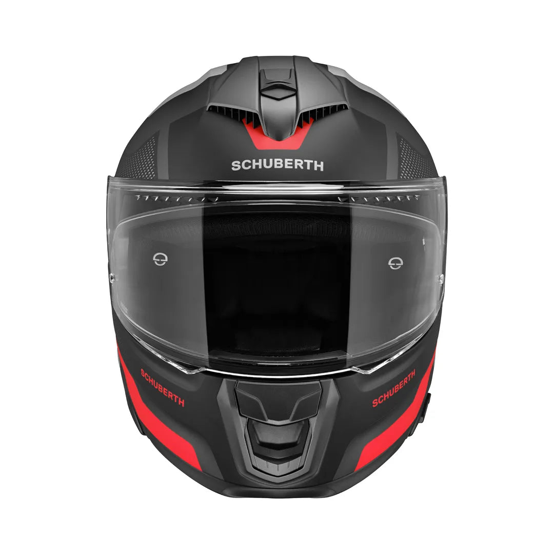 Frontal vy av Schuberth Integral Mc-Hjälm S3 Daytona Svart/Röd med tydligt visir och robust konstruktion.