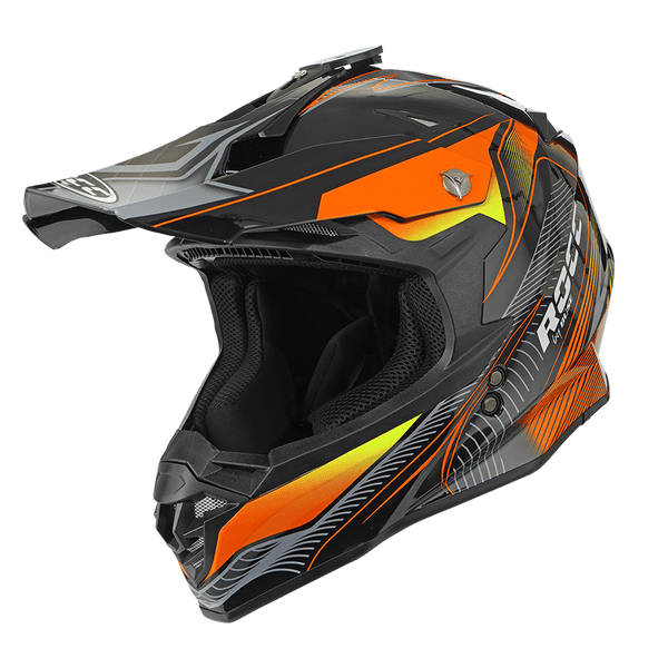 Rocc Cross MC-hjälm 713 i svart och orange med justerbar skärm och actionkamerafäste. Perfekt för MX och stadskörning.