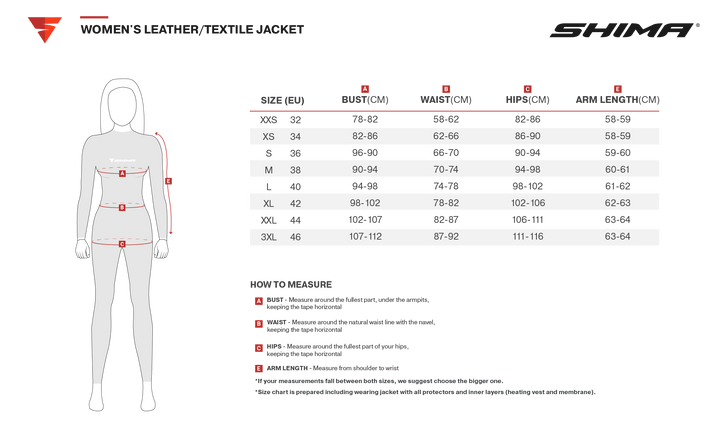Storleksguide för Shima Dam Textil Mc-Jacka Drift Grå, med mått för byst, midja, höfter och ärmlängd för olika storlekar från XXS till 3XL.