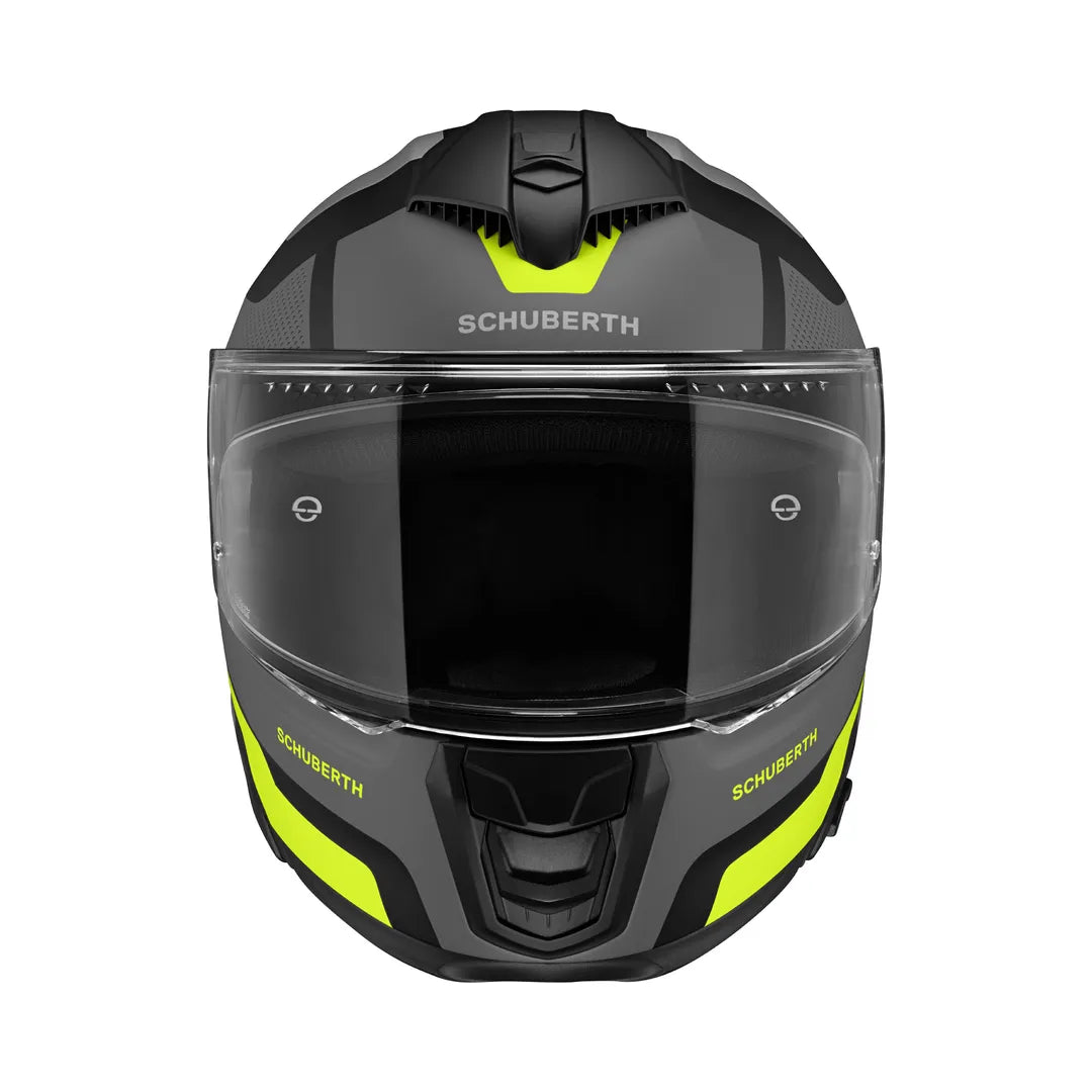 Frontalvy av Schuberth Integral Mc-Hjälm S3 Daytona Svart/Flu med bred visir och fluorescerande gula detaljer.