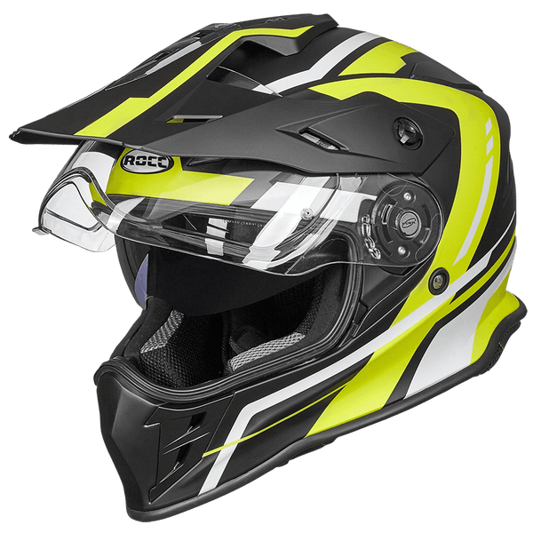 Rocc Adventure MC-hjälm 782 i svart och fluorgul design med solvisir och UV-skydd. Perfekt för säker motorcykelkörning.
