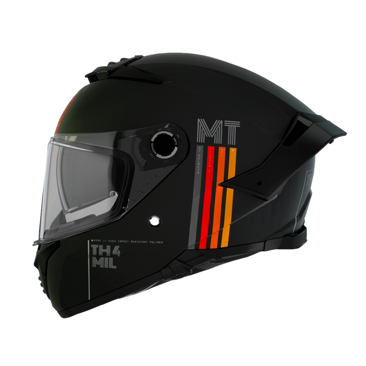 MT Helmets Integralhjälm Thunder 4 SV Mil Matt Svart med sidovy som visar ventilationssystem och ränder i orange och gult. Passar för motorcyklister i olika storlekar.