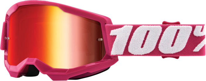 100% Goggles Strata 2 Fletcher - Spegel med rosa ram och spegelglas, designade för motocross och motorcykelsäkerhet. Justerbart band med vit 100%-logotyp för optimal passform.