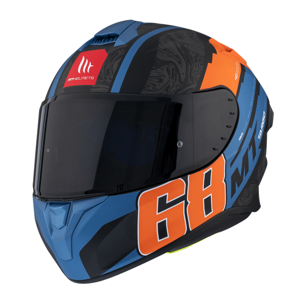 MT Helmets Integral Mc-Hjälm Targo Pro Welcome Orange med modern design i blått, orange och svart, visir och aerodynamisk form.