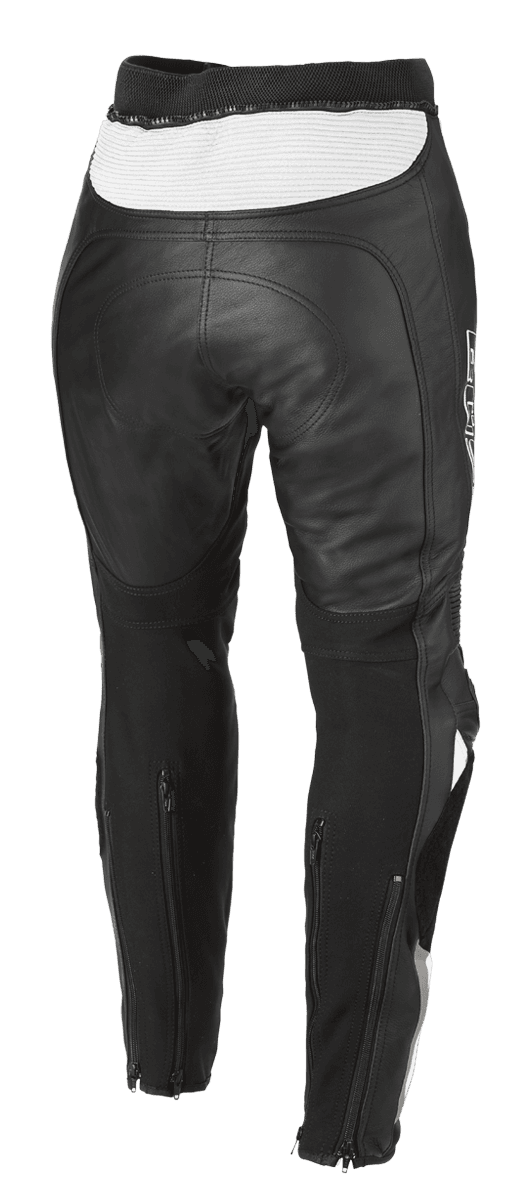 Baksidan av Buse Dam Mc-Skinnbyxor Mille Svart/Vit med elastiska paneler och dragkedjor vid anklarna för optimal passform och rörelsefrihet.