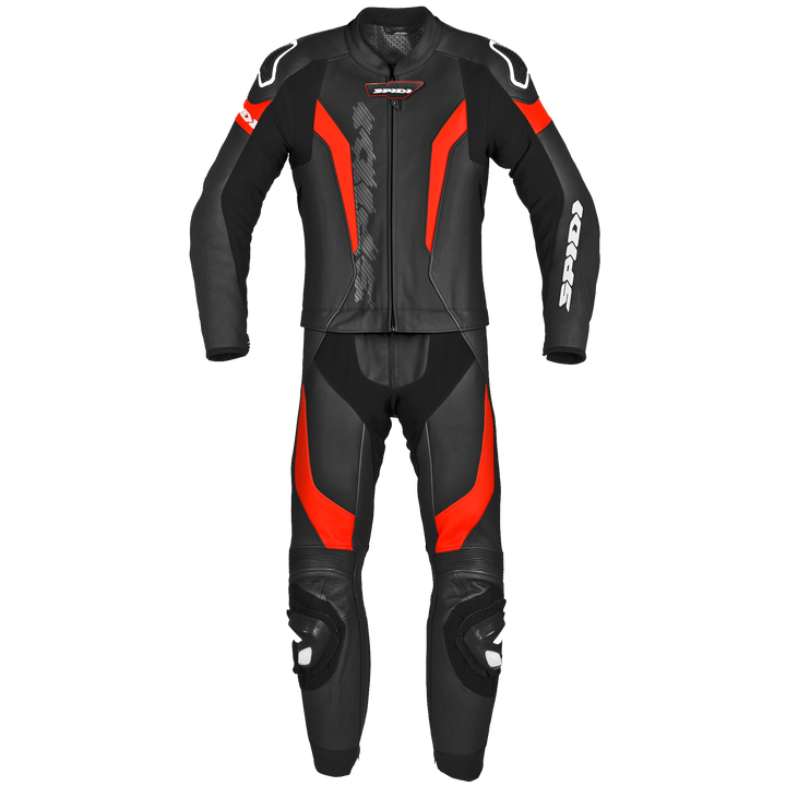 Spidi Mc-Skinnställ 2-delat Laser Touring Svart/Röd framifrån, med aerodynamisk design och skyddande material för motorcykelåkning.